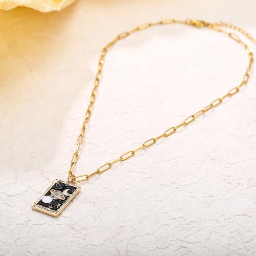 LUREME Punk Tarot Necklace - Gold Rectangle Pendant with Strass Zircon Sun/Moon/Star Design for Women (nl006354) - color: Multi Universe