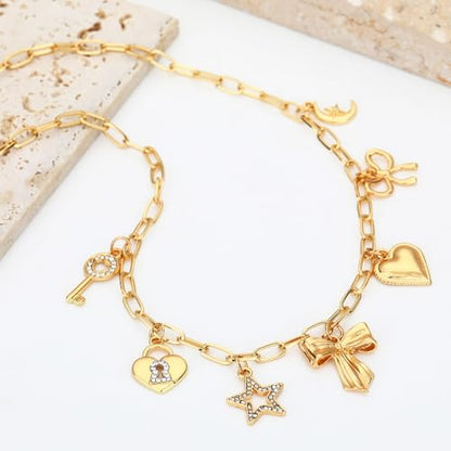 Charm Necklace for Women Gold Evil Eye Sun Moon Flower Coin Pendant Necklace Dainty Paperclip Chain Vintage Luck Amulet Choker Necklaces Celestial Jewelry Gift - style: 7 Charms- Bow, Star, Heart