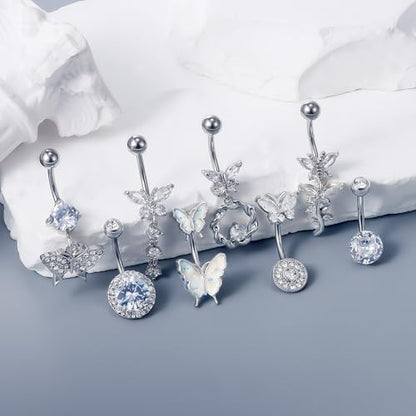 Vsnnsns 14G Belly Button Ring Piercing Jewelry 316L Stainless Surgical Steel Heart CZ Pearl Butterfly Flower Navel Rings Dangle Belly Button Ring Navel Piercing Jewelry for Women Men Hypoallergenic - color: Silver-Clear CZ