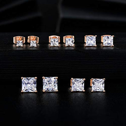 MDFUN 5 Pairs Square Earrings Set for Women Hypoallergenic 18K White Gold/Yellow Gold/Rose Gold Plated Princess Cut Clear Cubic Zirconia Stud Earring 3-7MM Pack of 5 - color: Rose Gold