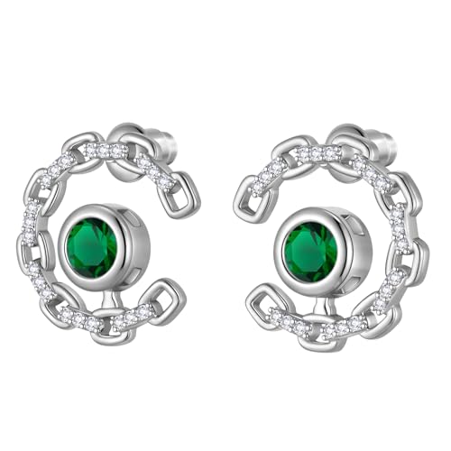 Elegant C-Shaped Crystal Stud Earrings with Birthstone Earring Silver Plated Fashion Jewelry for Women CE0003 - color: Green-May