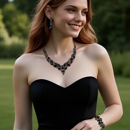 Wedding Bridal Jewelry Set for Women Bride Bridesmaids | Gorgeous Austrian Crystal Teardrop Cluster Statement Necklace Dangle Earrings Link Bracelet Set Prom Jewellery - color: 02-Black Black-Tone
