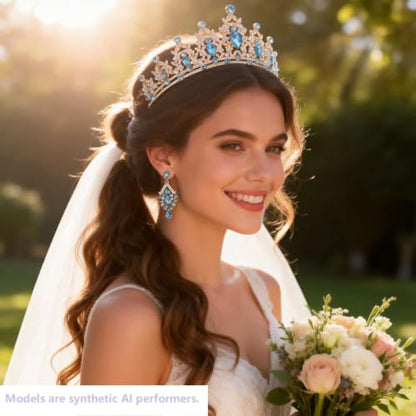 Kamirola Bridal Wedding Tiara Crown Jewelry Set for Women/Brides/Bridesmaids Crystal Jewelry Set for Wedding Prom Party Bridal Crystal Necklace Earrings Bracelet Set(TR60) - color: Gold Skyblue