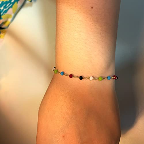 Womens Dainty Gold Chain Bracelet,Simple Layered Chain Bracelets,Beaded Turquoise Bracelet,Charm Crystal Bar,Heart,Karma,Triangle,Pearl Bracelets for Women - color: Multi-Color Crystal