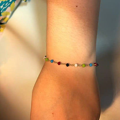 Womens Dainty Gold Chain Bracelet,Simple Layered Chain Bracelets,Beaded Turquoise Bracelet,Charm Crystal Bar,Heart,Karma,Triangle,Pearl Bracelets for Women - color: Multi-Color Crystal
