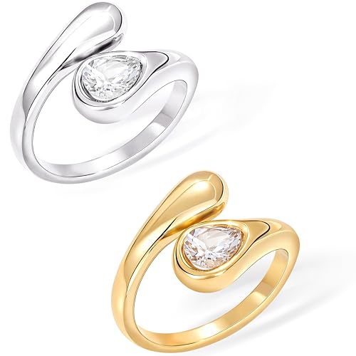 Non Tarnish Gold Chunky Rings for Women, 14K Gold Plated Statement Dome Rings Stacking Silver, Adjustable Mens Eternity Wedding Band Mixed Metal Jewelry Size 3-13 - color: Silver & Gold, size: 5, style: Diamond Love Bands(2 Pcs)