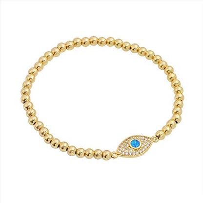 Women Evil Eye Ball chain Elastic bracelet with CZ Cubic Zirconia - color: Opal Gold