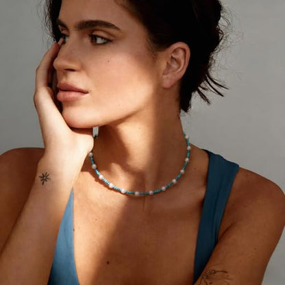Aobei Pearl 18K Gold Plated Paperclip Chain Choker Satellite Chain Freshwater Cultured Biwa Pearl Pendant Necklace Dainty Turquoise Jewelry for Women - color: Green-blue Turquoise White Pearl