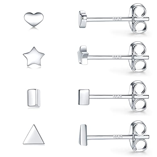 EPIRORA Sterling Silver Stud Earrings for Women Men- 4 Pairs of Hypoallergenic Simple Geometric Small Stud Earring Set Tiny Circle Triangle Square Bar Stud Earrings Mini Cartilage Tragus Earrings - style: Style 3- Silver