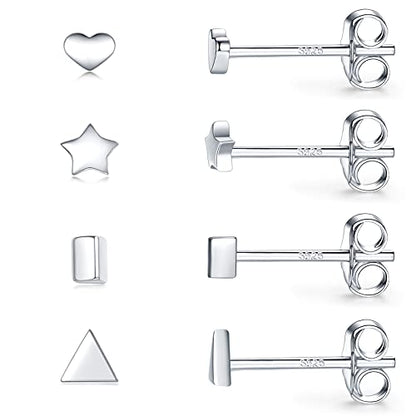 EPIRORA Sterling Silver Stud Earrings for Women Men- 4 Pairs of Hypoallergenic Simple Geometric Small Stud Earring Set Tiny Circle Triangle Square Bar Stud Earrings Mini Cartilage Tragus Earrings - style: Style 3- Silver