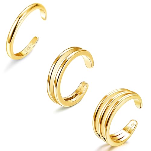 ADRAMATA Gold Toe Rings for Women Non Tarnish-14K Gold Gilled Toe Ring Set | Waterproof Adjustable Open Toe Rings Hypoallergenic,Thin Bands,Summer Beach Foot Jewelry,Simple 1mm 2mm 3mm Band Ring.3 PCS - style: 2mm+Layered Toe Rings