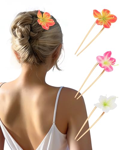 WELROG 3-Pcs Metal Hawaiian Orchid Hair Pins, Non-Slip Stick for Beach Updo | Tropical Flower Vibes,Weddings and Vacations - color: White+Pink+Orange