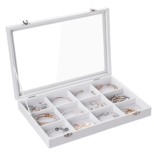 Frebeauty 12 Grid Bracelet Holder Box,Velvet Jewelry Tray with Clear Lid | Real Glass Lid,Bracelet Display,Jewelry Organizer for Bangle Brooch,Adjustable Divider,Dustproof Design,13.8×9.5Inches - color: White, size: 12 Grid