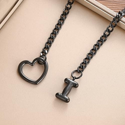 sroyte Black Heart Slip Chain Initial Necklaces for Women,Stainless Steel O-Ring Adjustable Lariat Heart Y-Necklace,Punk Gothic Cuban Collar Choker Necklace for women - color: Black I
