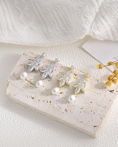 Pearl Earrings for Women, 14k Gold Plated Trendy Diamond Pearl Drop Earrings Bridal Shower Gifts Wedding jewelry for Women - color: Style E Silver