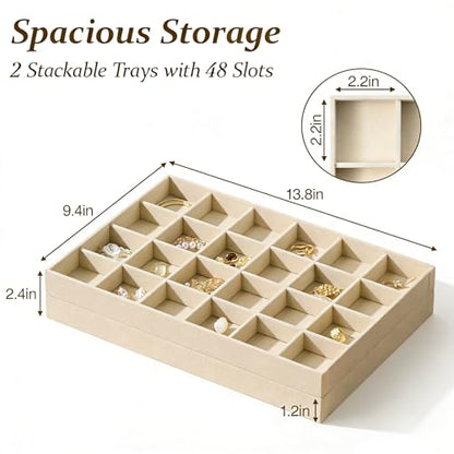 pickpiff Drawer Jewelry Organizer & Display Trays: 2pcs 24grid Velvet Stackable Jewelry Case (13.8x9.4x1.2inch) - Soft Beige Ring Storage Bracelet Holder Earring Box - size: 24 grids + 24 grids