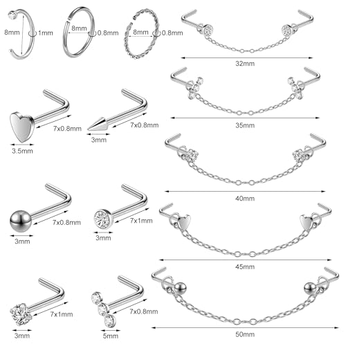 20G Nose Rings Studs with Chain Piercing Across Double Nose Stud Nose Hoop Spike Heart Ball CZ Surgical Steel Nostril Piercing Jewelry for Women Men, Black Silver Gold - color: SR-L
