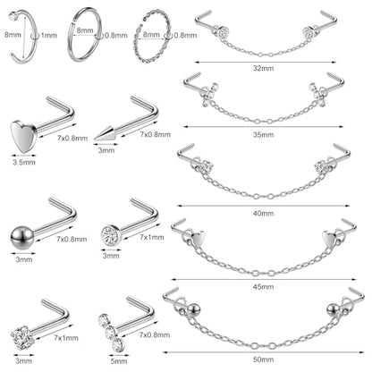 20G Nose Rings Studs with Chain Piercing Across Double Nose Stud Nose Hoop Spike Heart Ball CZ Surgical Steel Nostril Piercing Jewelry for Women Men, Black Silver Gold - color: SR-L