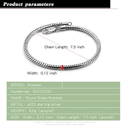 Dankadi Italy Smooth 3MM 4MM Round Snake Chain Bracelet Solid 925 Sterling Silver Men Women 6.3" 6.7" 7" 7.5" 8" 8.5" 9" 9.5" Bangle Charm Jewelry Gift - color: 3MM, size: 6.7 inches