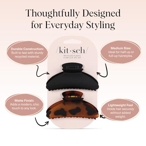 Kitsch Medium Hair Clips for Women - Black and Tort, 2pcs | Strong Hold Claw Clips – Great for Updo, Half Up Hairstyle – Daily Hair Accessories