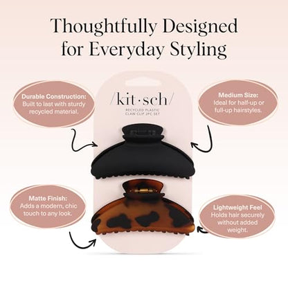 Kitsch Medium Hair Clips for Women - Black and Tort, 2pcs | Strong Hold Claw Clips – Great for Updo, Half Up Hairstyle – Daily Hair Accessories