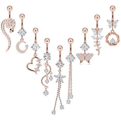 Vsnnsns 14G Dangle Belly Button Ring Piercing Jewelry 316L Stainless Surgical Steel Snake Heart Butterfly Flower Diamond CZ Navel Rings Dangling Belly Button Ring Piercing Jewelry for Women 14 Gauge - color: Rose Gold Tone
