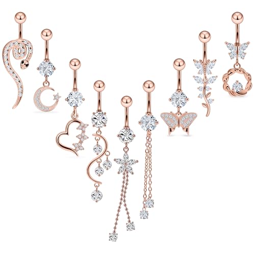 Vsnnsns 14G Dangle Belly Button Ring Piercing Jewelry 316L Stainless Surgical Steel Snake Heart Butterfly Flower Diamond CZ Navel Rings Dangling Belly Button Ring Piercing Jewelry for Women 14 Gauge - color: Rose Gold Tone