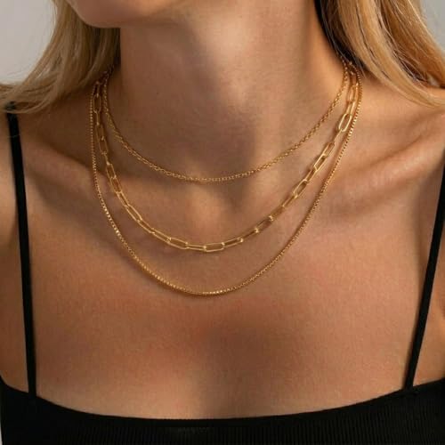 Freekiss Layered Necklace Set for Women Stackable | Herringbone Snake Cuban Rope Chain, Dainty Choker, Layered Stackable, Non Tarnish, Hypoallergenic, Adjustable 14-18.5" - color: Gold, style: Paperclip+O Chain+Box Chain
