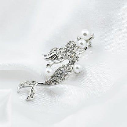 Elegant Mermaid Fish Lapel Brooch Pin Cubic Zirconia Rhinestone Faux Pearl Ocean Sea Animal Pins Clip Shawl Sweater Scarves Badges Brooches Pins Dainty Jewelry Gifts for Women Girls Clothes Accessories - color: Silver