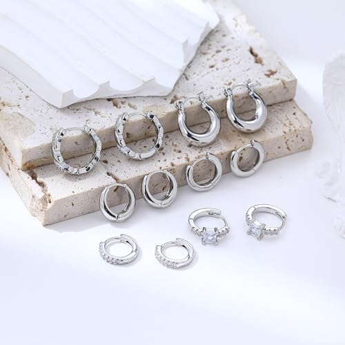 Wgoud Small Gold Hoop Earrings Set for Women, 6 Pairs 14K Gold Plated Hypoallergenic Lightweight Huggie Hoops Earrings, Trendy Cartilage Cubic Zirconia Earrings for Women Gifts. - color: G-Silver hoops