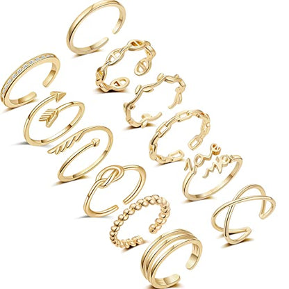 Honsny 12PCS Silver Plated Rings Adjustable Open Rings for Women Cute Gold Plated Stackable Thumb Rings Joint Chain Midi FingerArrow Knot Wave Band Rings Set - color: Gold 12pcs