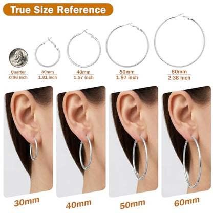 8 Pairs Gold Hoop Earrings for Women, 14K Gold Plated and Silver Hoops, Hypoallergenic Stainless Steel Classic Thin Large Set 30/40/50/60mm (1.18–2.36in) - color: 8 Pairs Silver-30/40/50/60mm