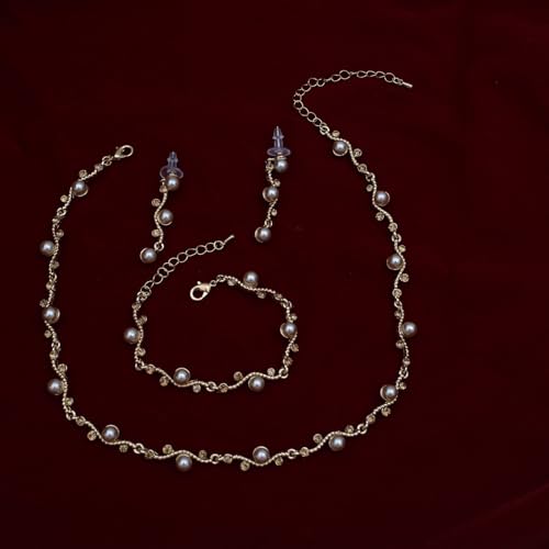 Bridal Pearl Choker Necklace Earrings Bracelet Wedding Crystal Jewelry Set for Women Brides Bridesmaid Prom - color: Champagne-Gold Plated