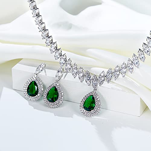 EVER FAITH CZ Marquise Leaf Teardrop Wedding Prom Jewelry Set for Women | Birthstone Pendant Necklace Dangle Earrings - color: Green