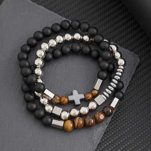 3 PCS Triple Protection Bracelet Set for Men Tiger Eye, Hematite, Onyx Beaded Natural Stone Healing Crystals Jewelry Fathers Days Gift, Christmas, Baptism, Birthday