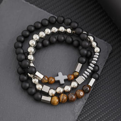 3 PCS Triple Protection Bracelet Set for Men Tiger Eye, Hematite, Onyx Beaded Natural Stone Healing Crystals Jewelry Fathers Days Gift, Christmas, Baptism, Birthday