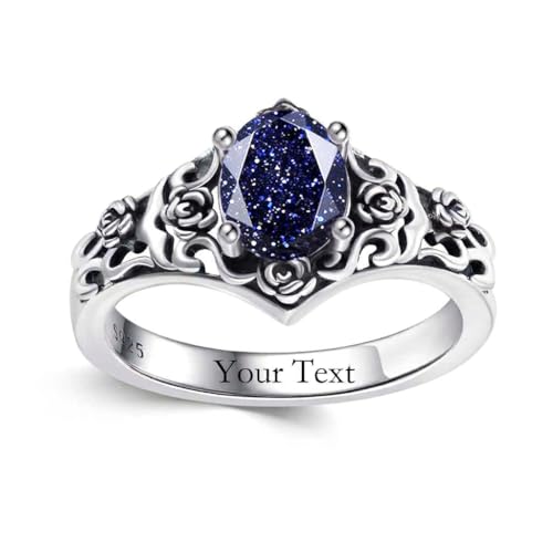 1 CT Oval Cut Gemstone Vintage Filigree Ring 925 Sterling Silver Retro Rose Teardrop Birthstone Statement Ring Anniversary Jewelry Gifts for Women Ring Size 4-13 - color: Blue Sandstone