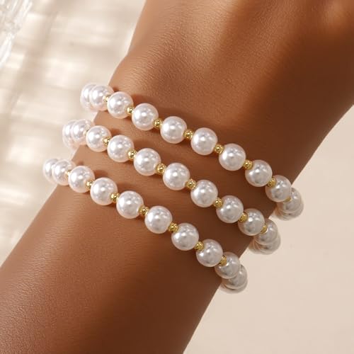 14K Gold Plated Beaded 3Pcs Stack Bracelets for Women, Dainty Trendy Freshwater Stackable Pearl Paperclip Cross Chain Gold Balls Stretch Accessories Jewelry Vacation Gift - color: pearl