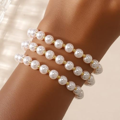 14K Gold Plated Beaded 3Pcs Stack Bracelets for Women, Dainty Trendy Freshwater Stackable Pearl Paperclip Cross Chain Gold Balls Stretch Accessories Jewelry Vacation Gift - color: pearl