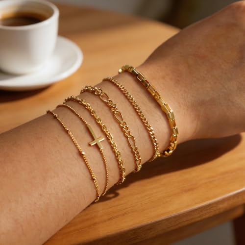 XYJZXY 18K Gold Plated Bracelets for Women, Waterproof Dainty Bracelet Stackable Set, Cuban Link Paperclip Chain Beaded Bracelet Pack, Fashion Jewelry Gift for Women