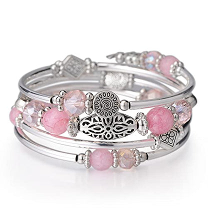 FULU AUTUMN Stackable Beaded Bracelets for Women Boho Wrap Silver Bracelet Layered Fashion Jewelry Gifts for Her - color: Pink