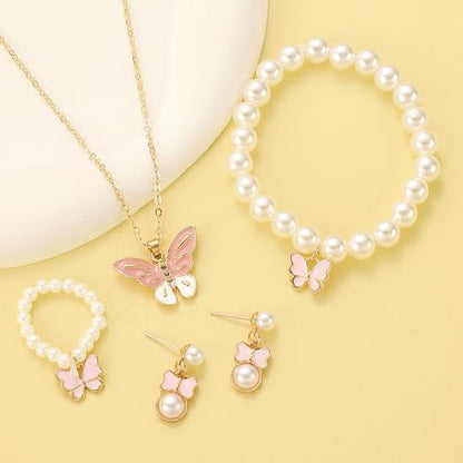 GIGB PBDK 4pcs Pearl Necklace Jewelry Set for Women Fashion Adjustable Bead Butterfly Pendant Choker Minimalist Pearl Earrings Bracelet Y2K Jewelry Gifts