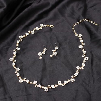 Elegant Brides Austrian Crystal Flower Choker Necklace Drop Dangle Earring Bracelet Wedding Jewelry Set for Bridesmaid Prom Costume Jewelry Set for Women - color: White-Gold Plated