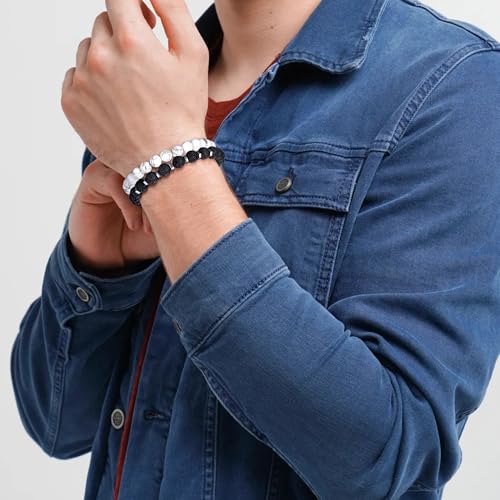 Mens Beaded Bracelets Set 8MM Tiger Eye Lava Stone Stretch Natural Stone Men's Bead Bracelet Mens Bracelet - color: 4,black,gray,white bracelet