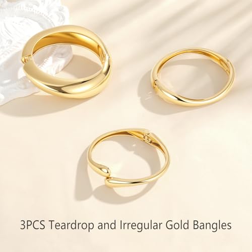 Emibele Gold Bangles for Women, 2PCS Irregular Chunky Gold Bracelet Hinged Open Bangle Bracelets for Women, Fashion Wide Arm Cuff Minimalist Chunky Jewelry Gifts for Valentine Christmas Birthday - style: N Gold