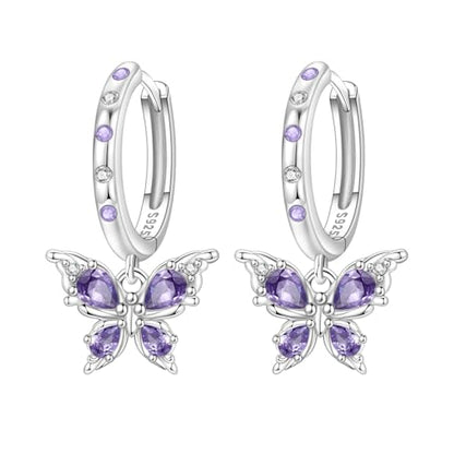 925 Sterling Silver Hoop Earrings Drop Dangle Earrings for Women Hypoallergenic Earring Trendy Huggie Earring Cute Graduation Birthday Gifts Jewelry for Women - color: Butterfly earrings purple gemstones