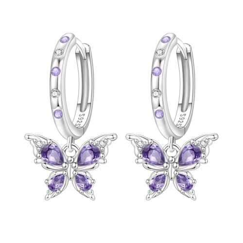925 Sterling Silver Hoop Earrings Drop Dangle Earrings for Women Hypoallergenic Earring Trendy Huggie Earring Cute Graduation Birthday Gifts Jewelry for Women - color: Butterfly earrings purple gemstones