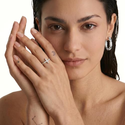 Cross Ring 14K Gold Plated 925 Silver with CZ, Stackable Rings - color: Cross White Gold, size: 5