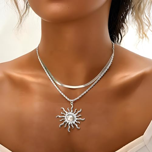 Sun Necklace for Women 14K Gold Silver Plated Layered Charm Necklace Double Chain Charm Pendant Necklaces Trendy Daily Wear Statement Jewelry Gift - color: Silver