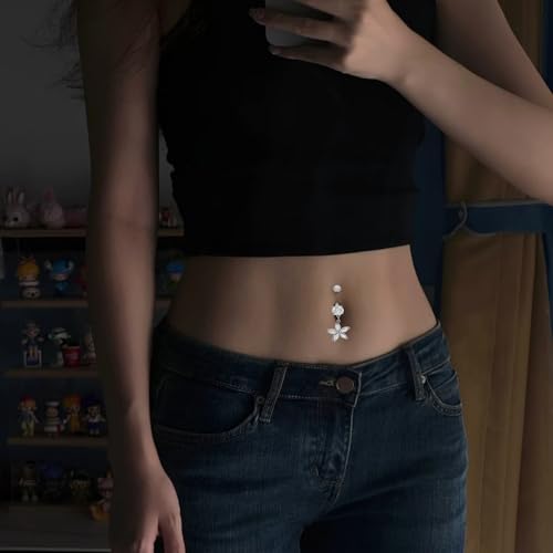 14G Crystal Flower Dangle Belly Button Ring for Women Stainless Steel Rhinestone Fashion Statement Lucky Floral Dangling Charm Curved Barbell Navel Rings Simple Sexy Summer Beach Body Piercing Jewelry - color: Silver